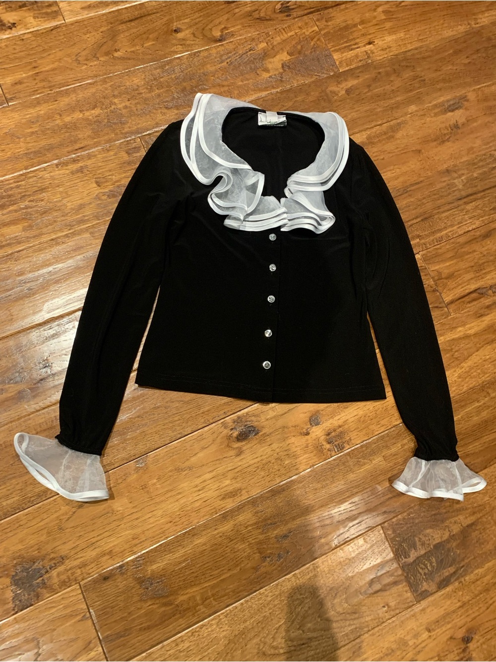 Joseph Ribkoff Black Button-Front Top with White Ruffle Trim - Picture 11 of 16
